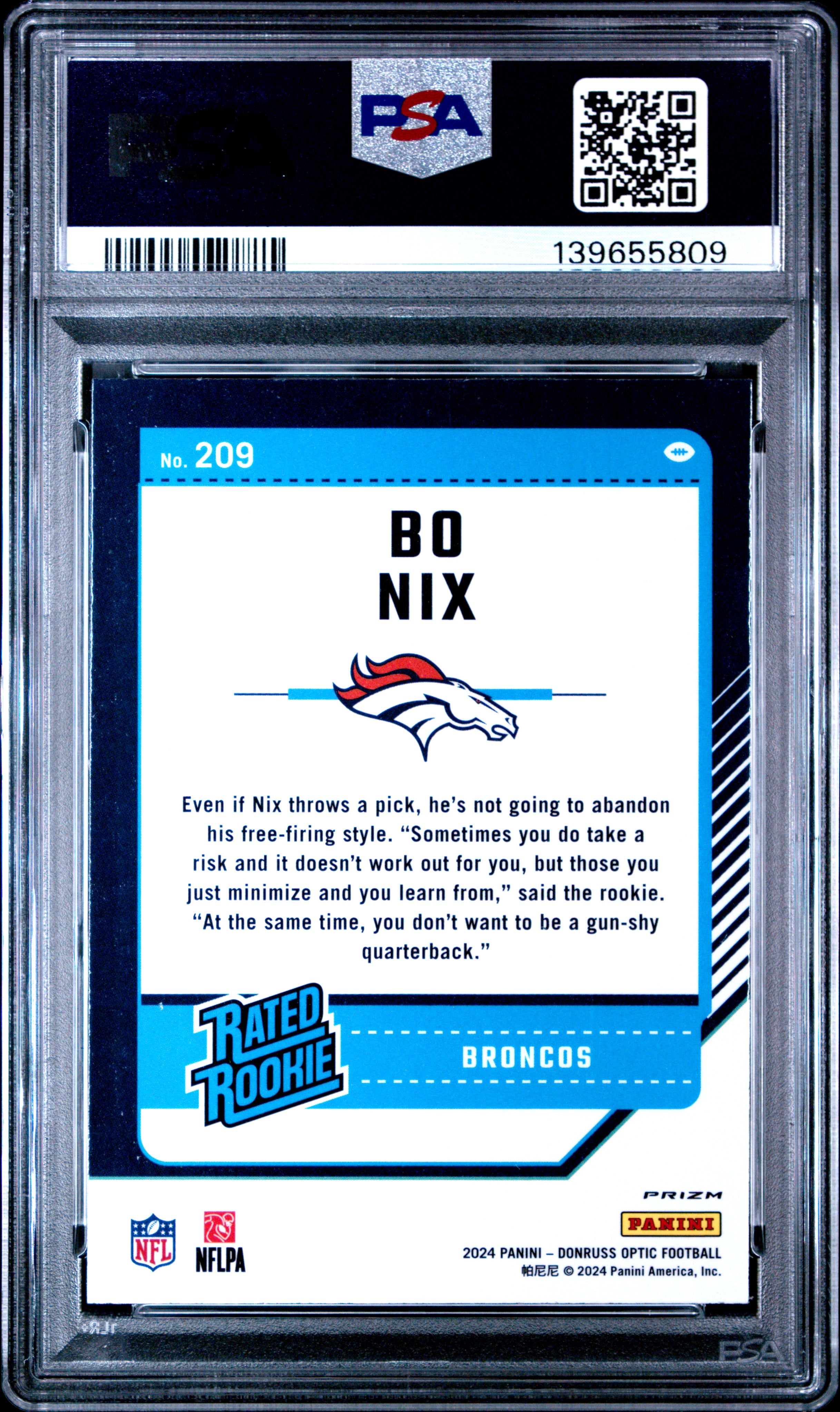 2024 Panini Donruss Optic #209 Bo Nix Blue Hyper PSA 10