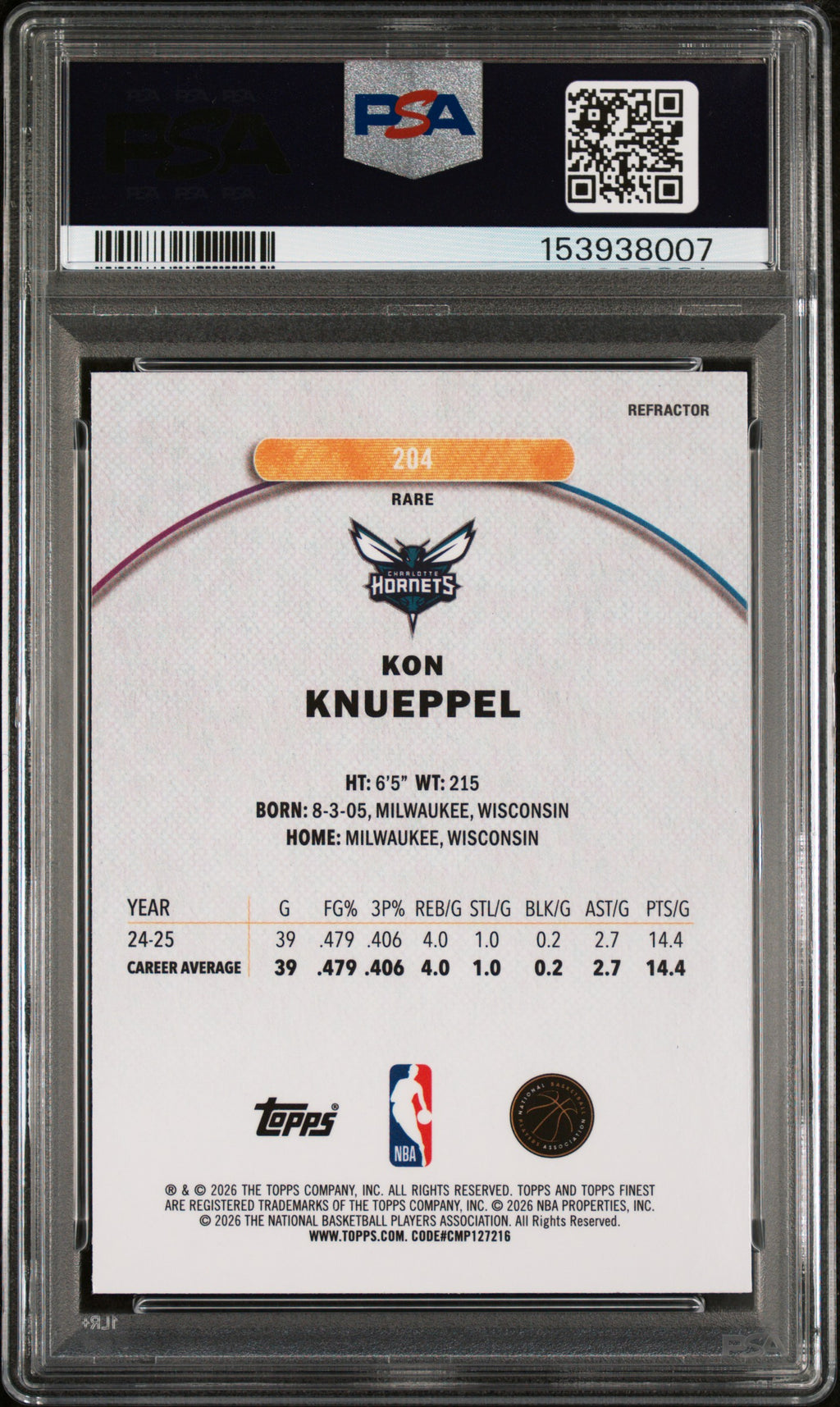 2025 Topps Finest #204 Kon Knueppel Refractor PSA 9