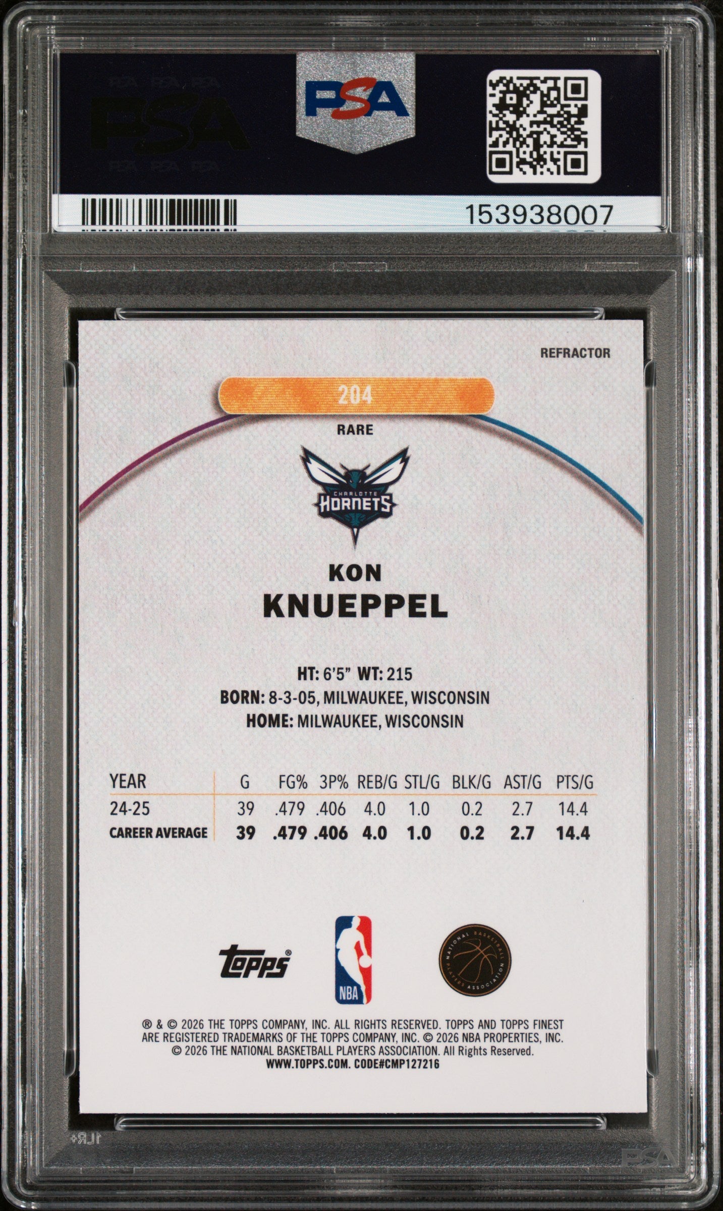 2025 Topps Finest #204 Kon Knueppel Refractor PSA 9
