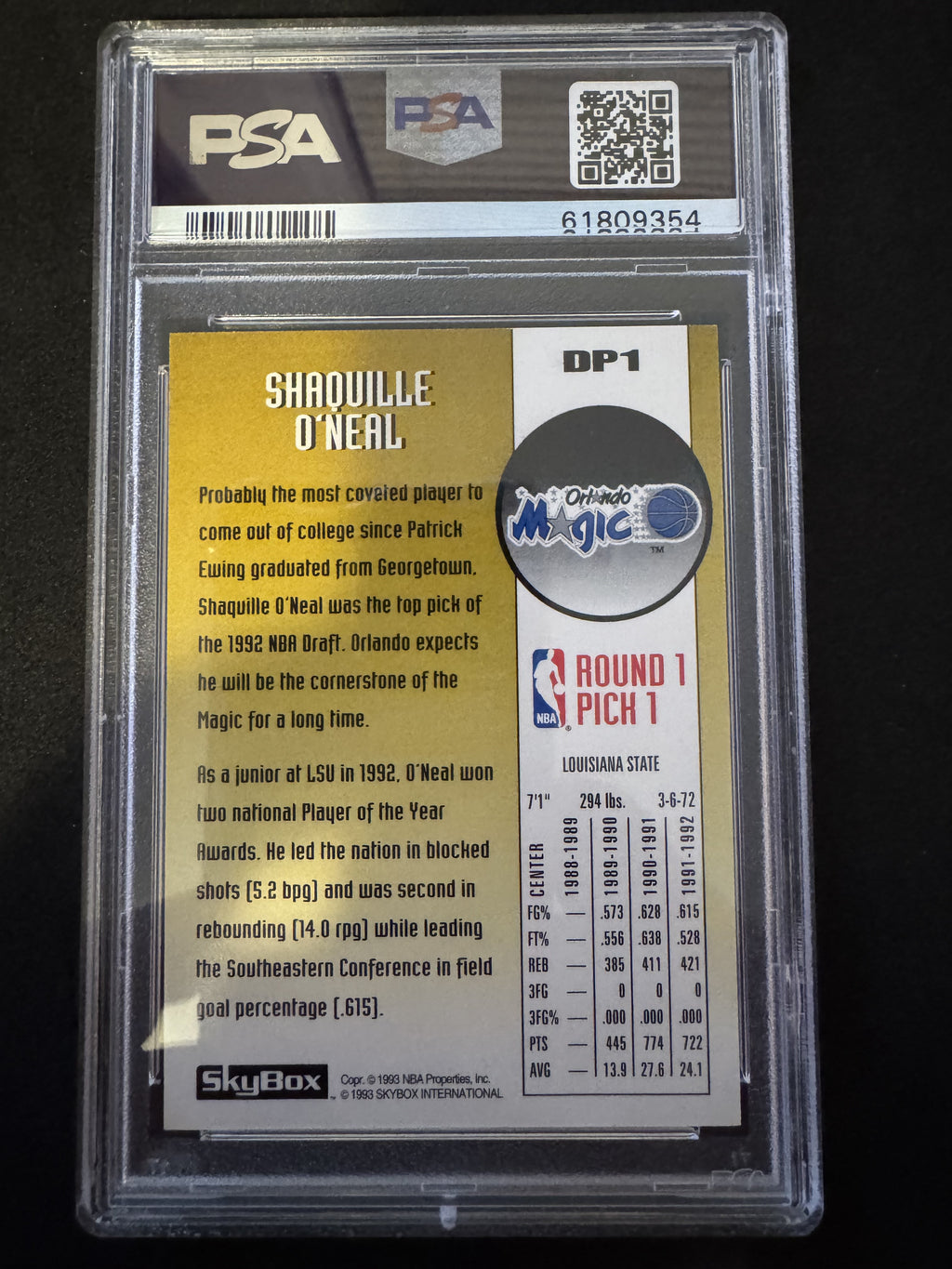 1992-93 SkyBox #DP1 Shaquille O'Neal Draft Picks PSA 9