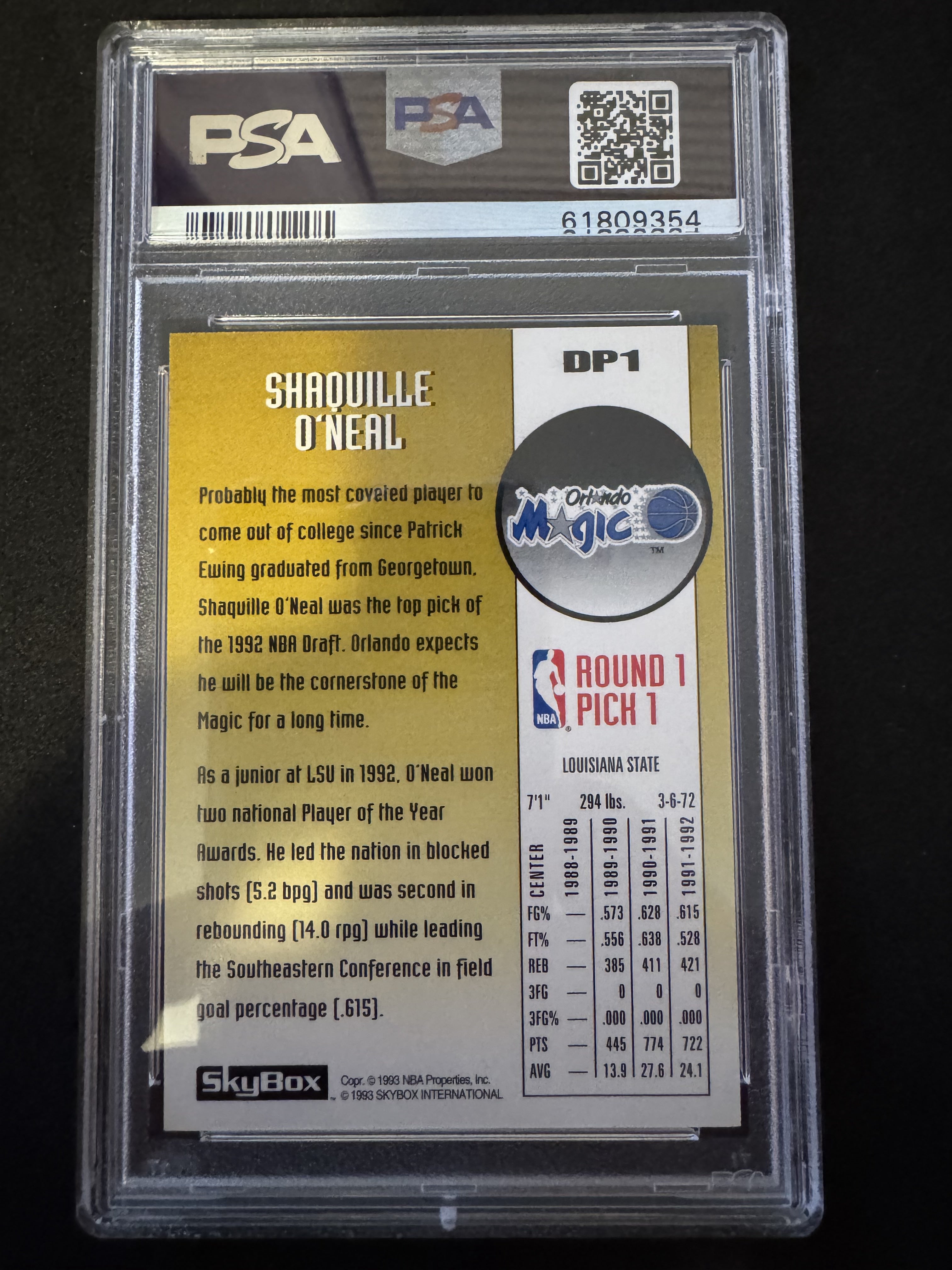 1992-93 SkyBox #DP1 Shaquille O'Neal Draft Picks PSA 9