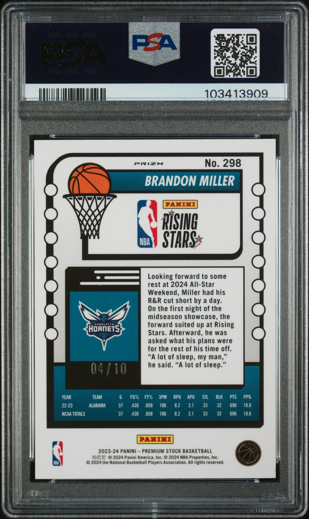 2023 Panini Hoops Premium Stock #298 Brandon Miller Gold Prizm PSA 9